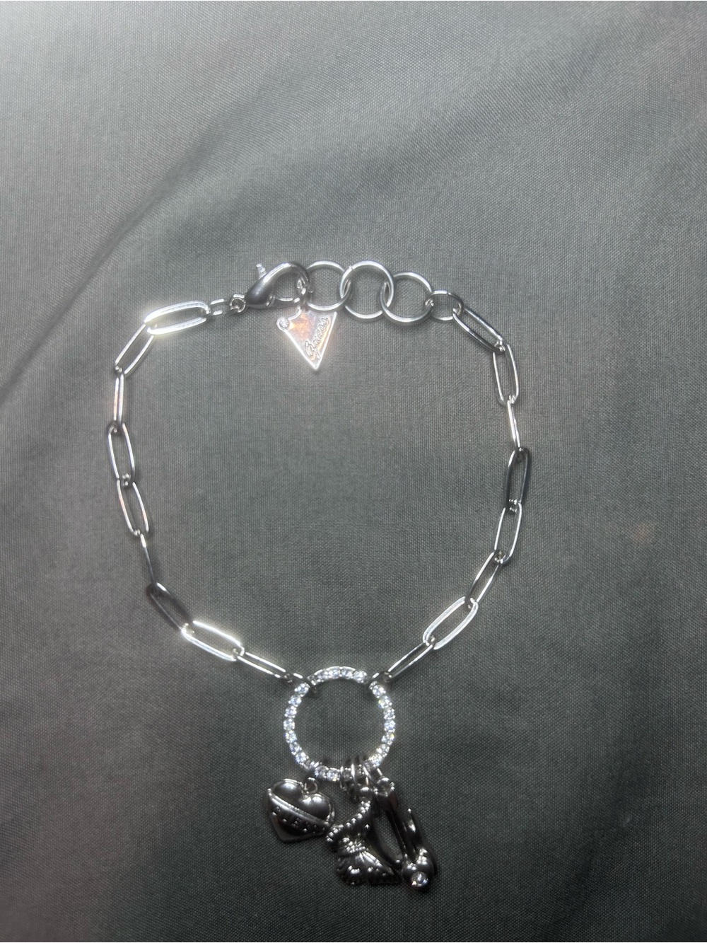 Silver Guess Charm Link Bracelet with Crystal Circle